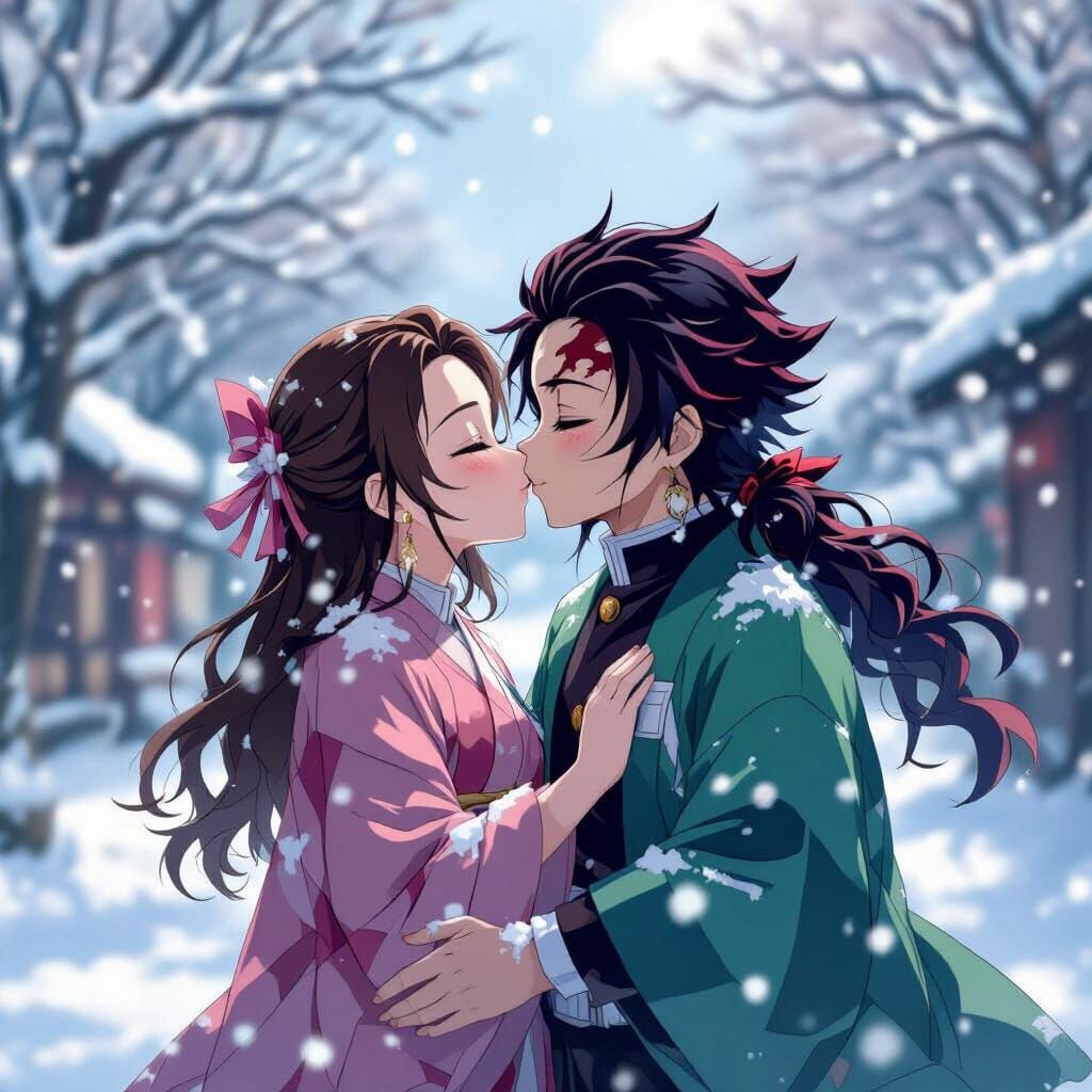 Demon Slayer Couple Sharing a Kiss in Gentle Snowfall