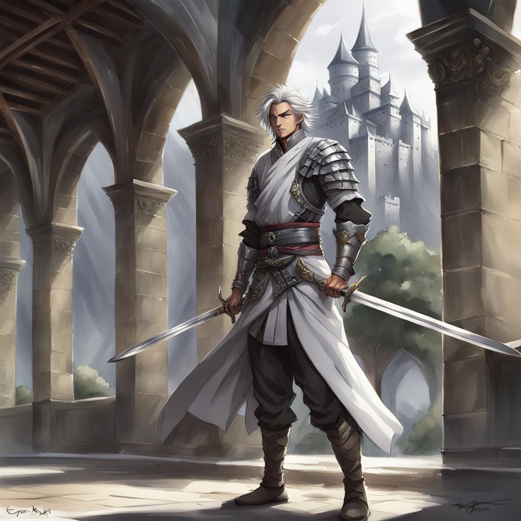 Anime Swordsman in Castle Training Hall