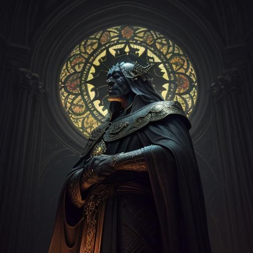 Dark Fantasy Damien in Cathedral, Mucha-Inspired Art