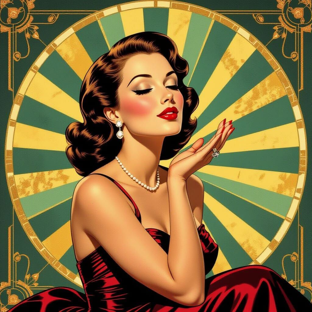 Glamorous Woman Blowing Kiss in Art Deco Style