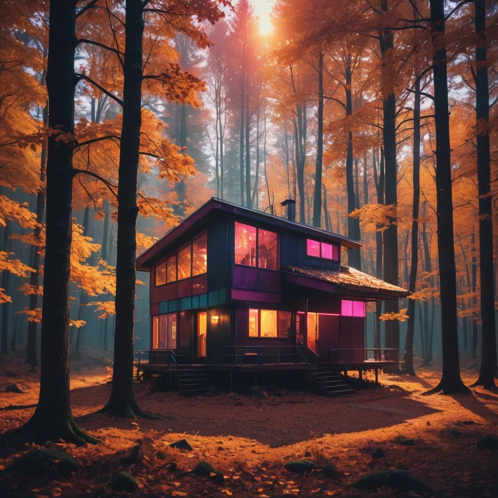 Synthwave Cabin in Autumn Forest: Retro Neon Scene