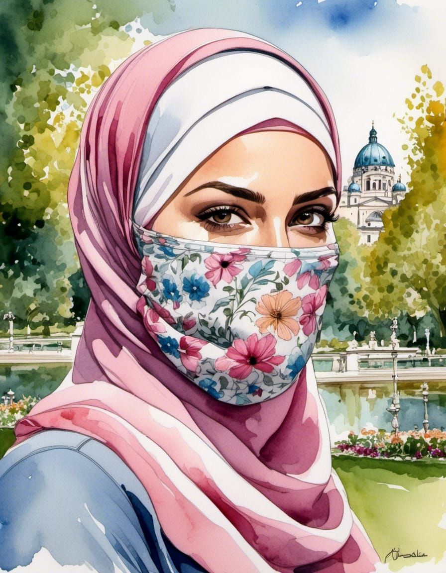 German Woman in Hijab and Facemask, Watercolor Portrait