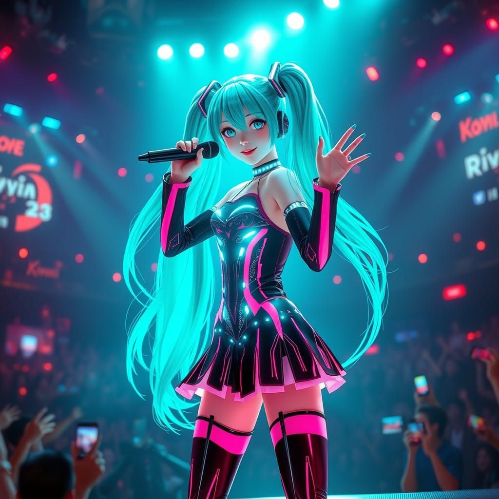 Vibrant Holographic Concert Scene in Photorealistic 3D Style