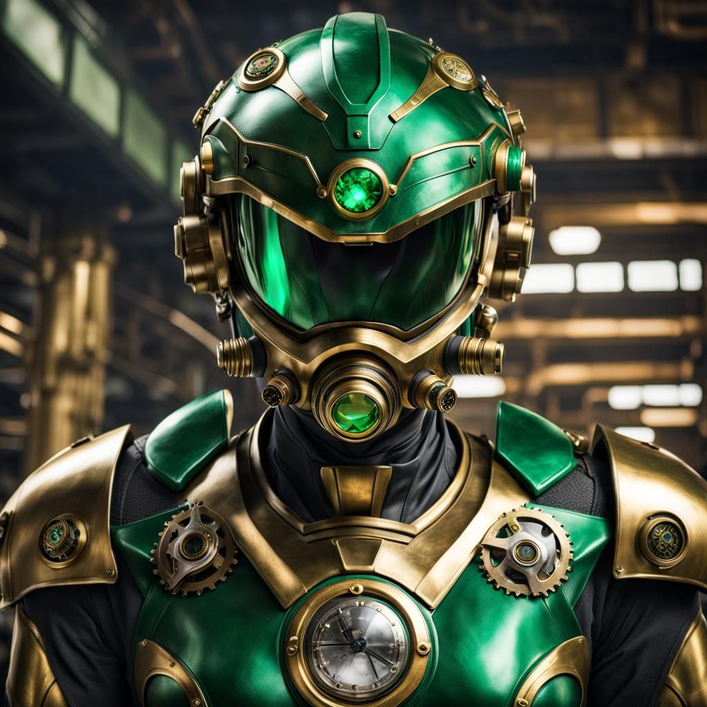 Emerald Steampunk Power Ranger Suit with Brass Tones