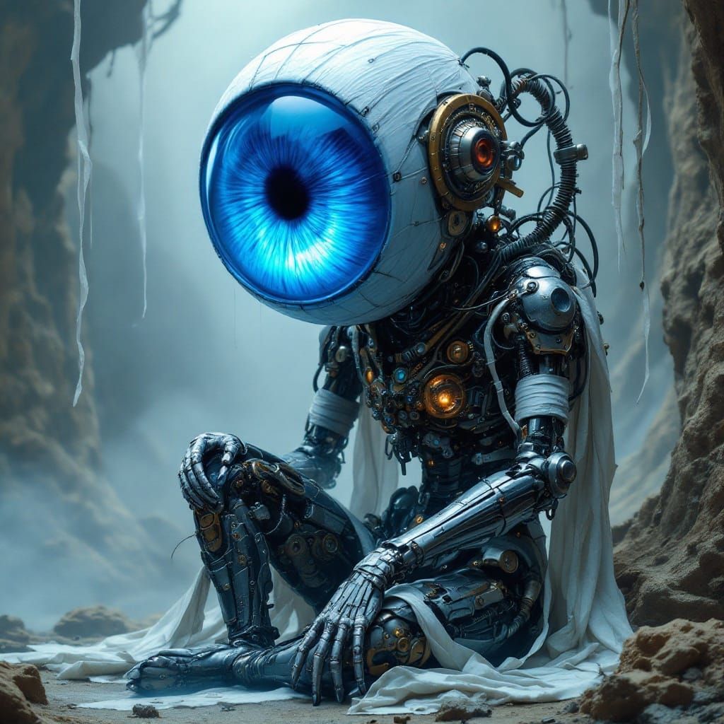 Surreal Biomechanical Being with Glowing Blue Iris