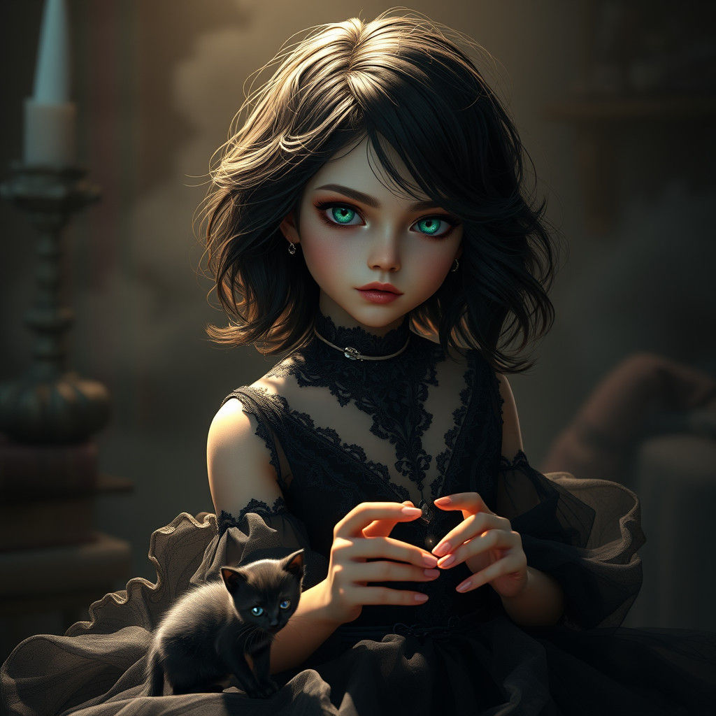 Vampire Girl Weaving Shadow Magic, Art Nouveau Portrait