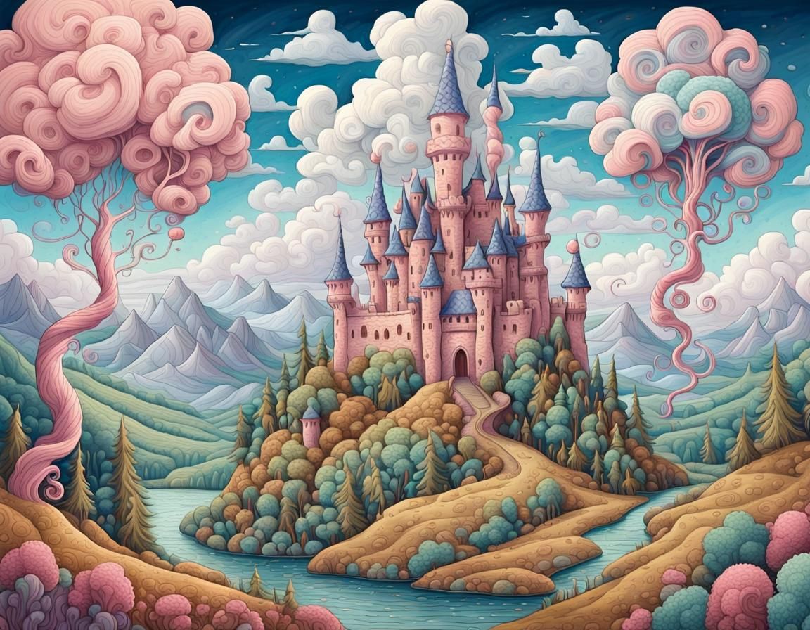 Whimsical Doodle-Style Fantasy Landscape with Majestic Castl...