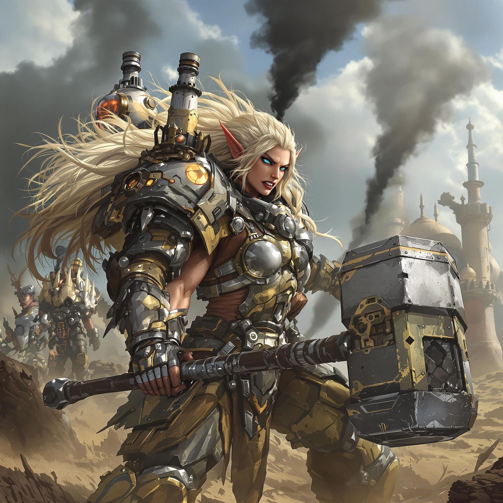 Dieselpunk Elf Knight Battles Orc in Wasteland