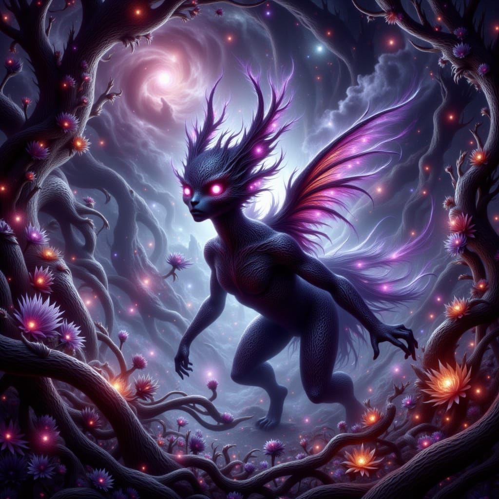 Fantastical Creature in Bioluminescent Forest Digital Painti...