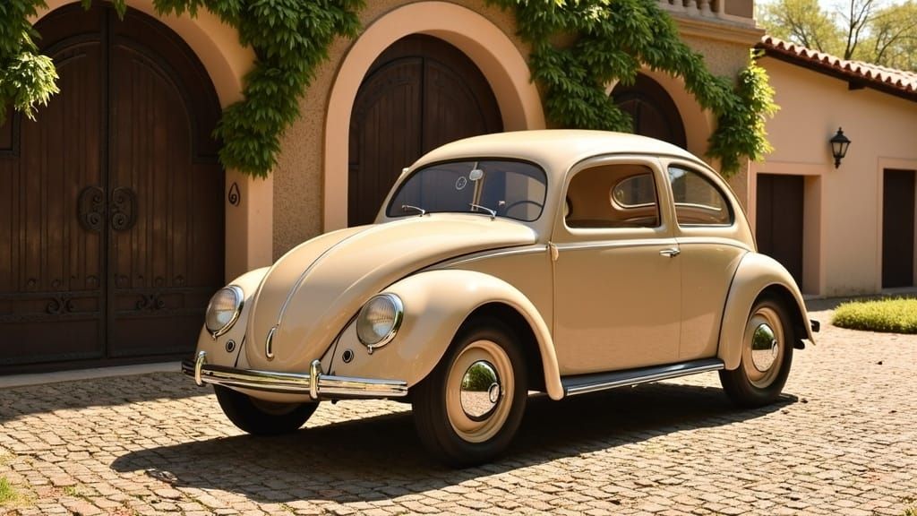 Hyperrealistic VW Brezelkäfer in Spanish Villa Courtyard