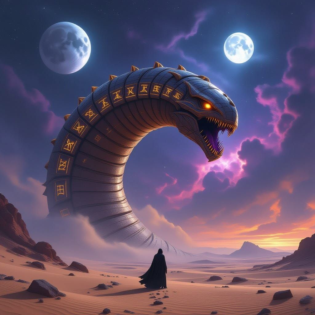 Colossal Sandworm Emerges Under Twin Moons