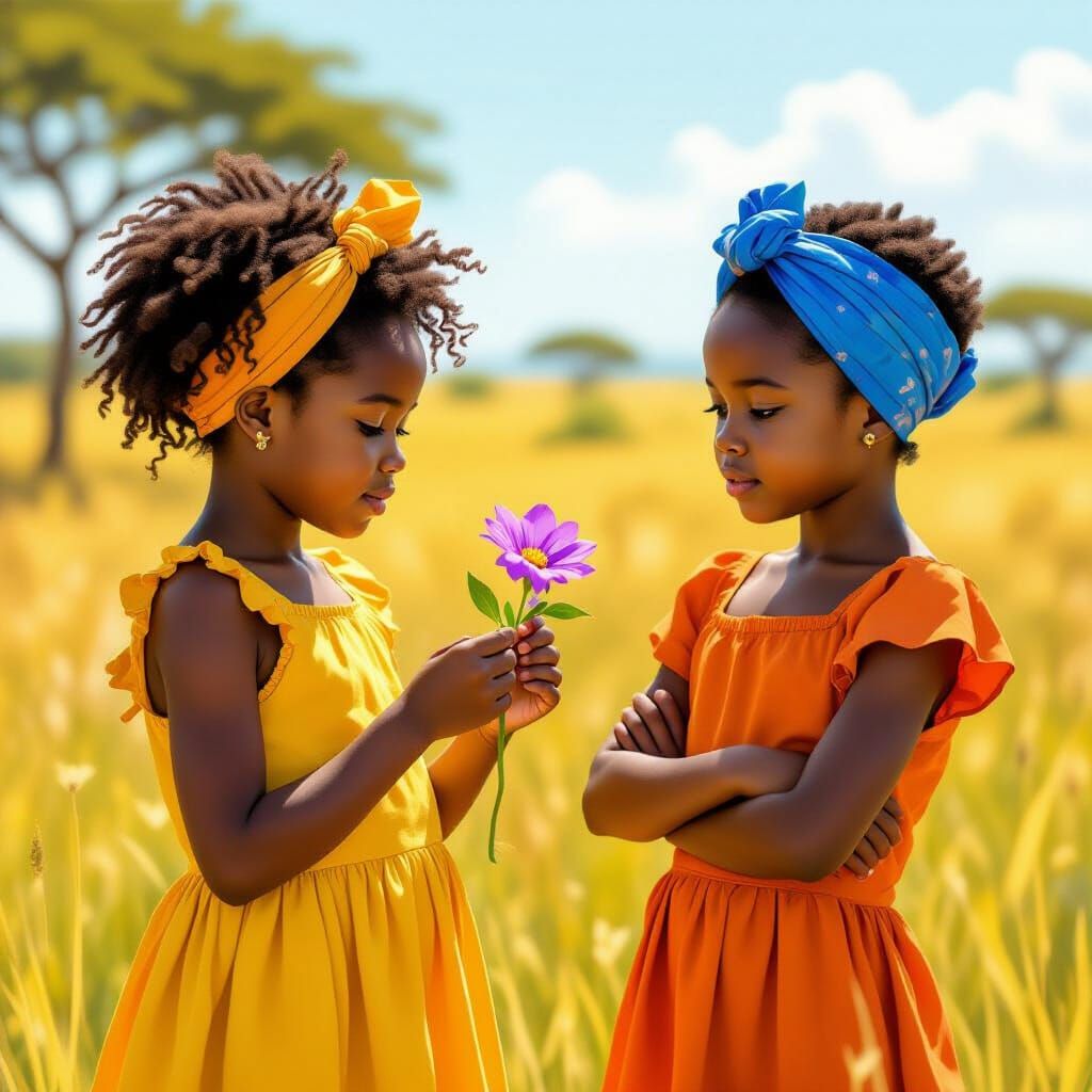 African Twin Sisters Picking Glowing Flower, Illustrative St...