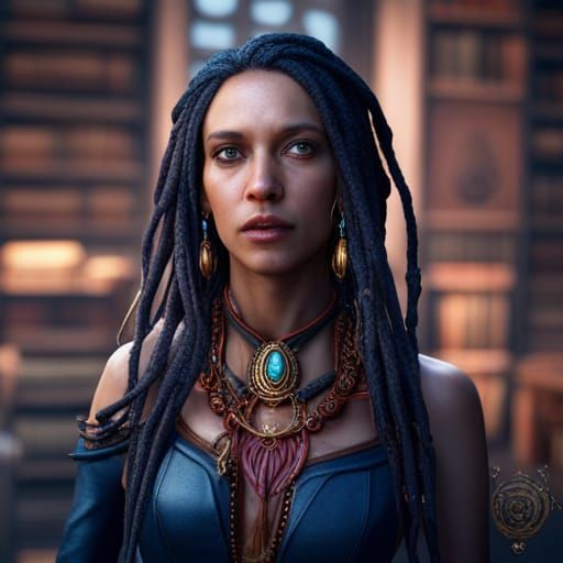 Woman with Dreads in Library: Fantasy Concept Art