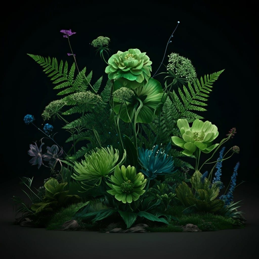 Lush Green Floral Collage in Digital Art Style