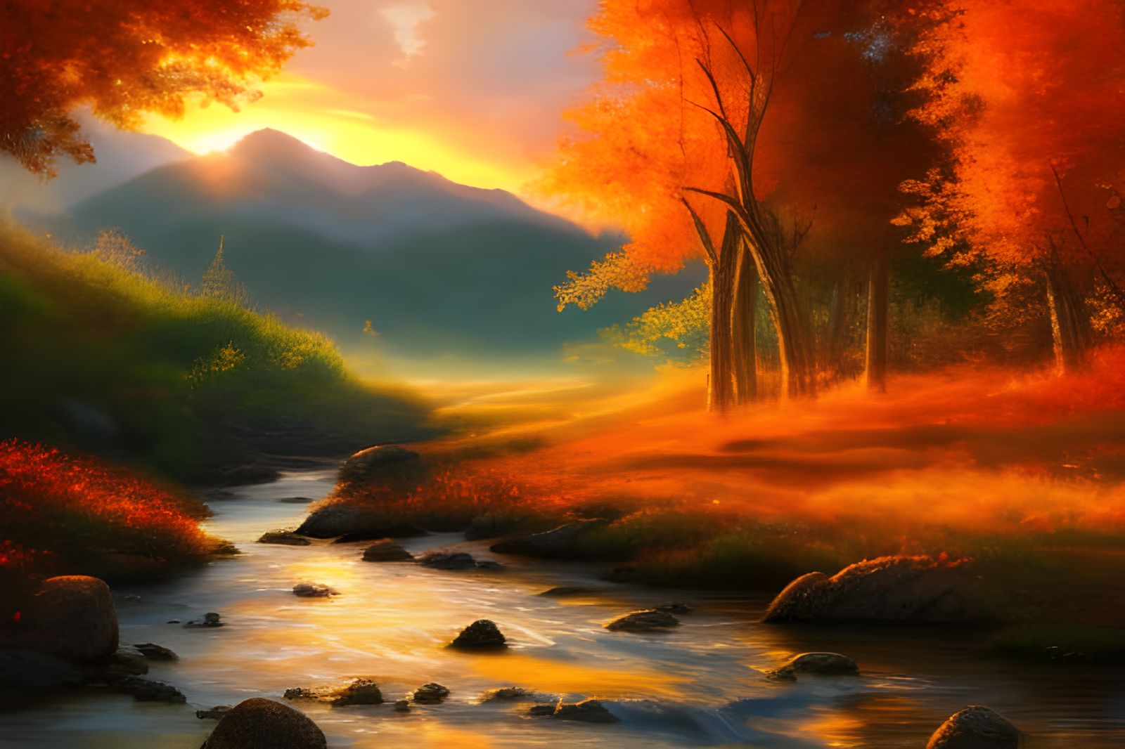 Autumn Meadow Sunset: Hyper-Realistic Digital Art