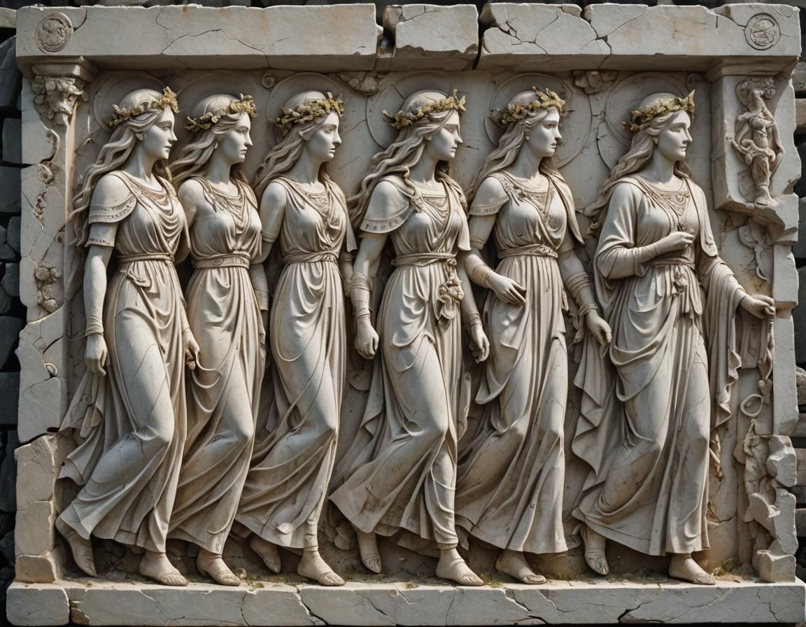 Norse Goddesses Procession: Ancient Marble Relief Carving