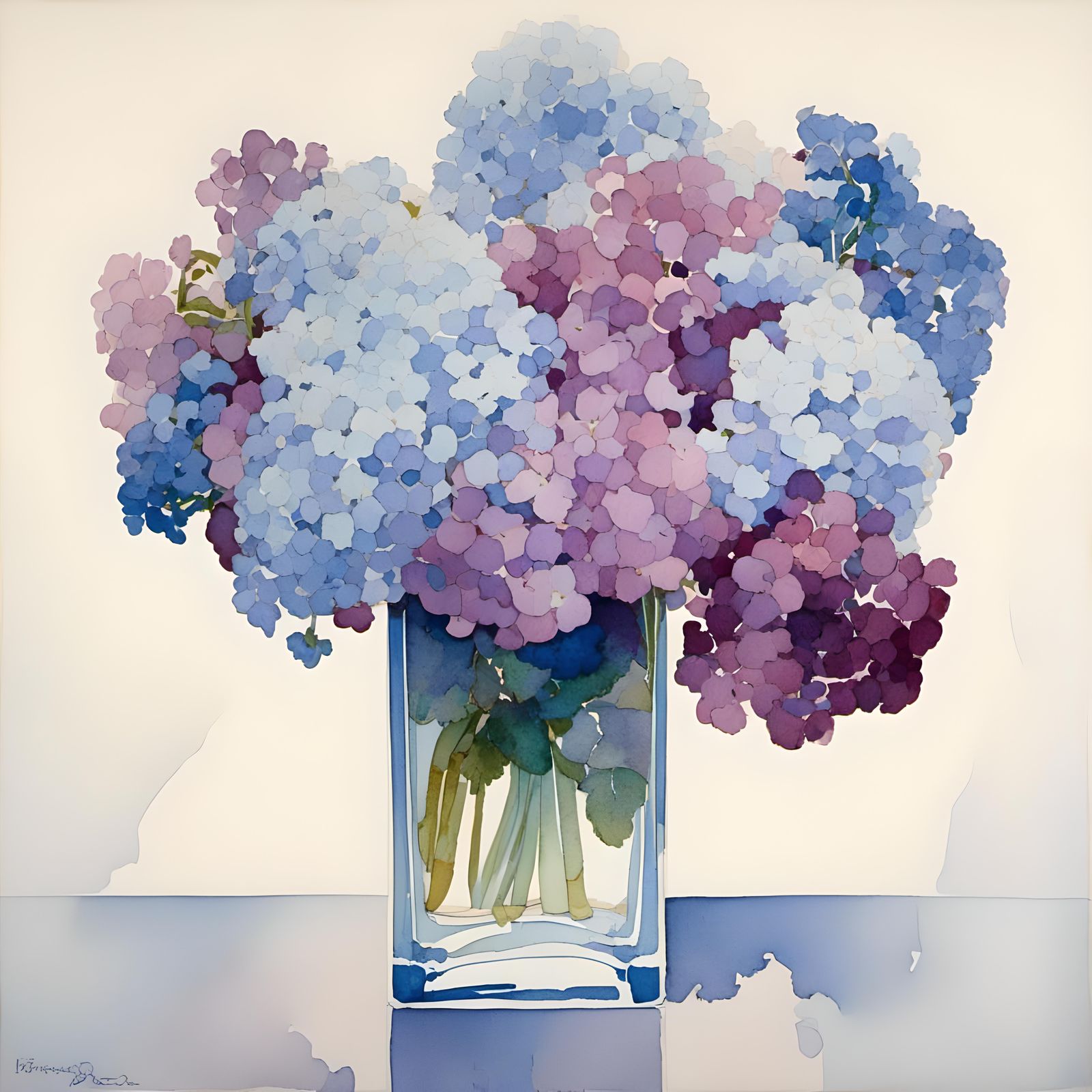Watercolor Hortensias in a Square Vase
