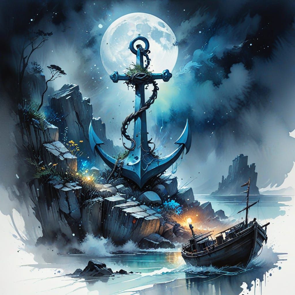 Dreamlike Watercolor of Anchor on Shore Under Full Moon