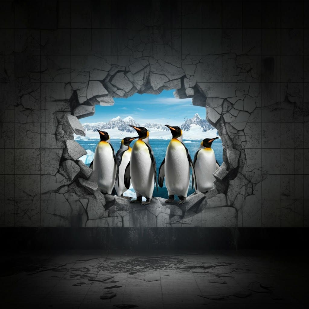 Penguins Emerge into Subway: Hyperrealistic Antarctic Dream