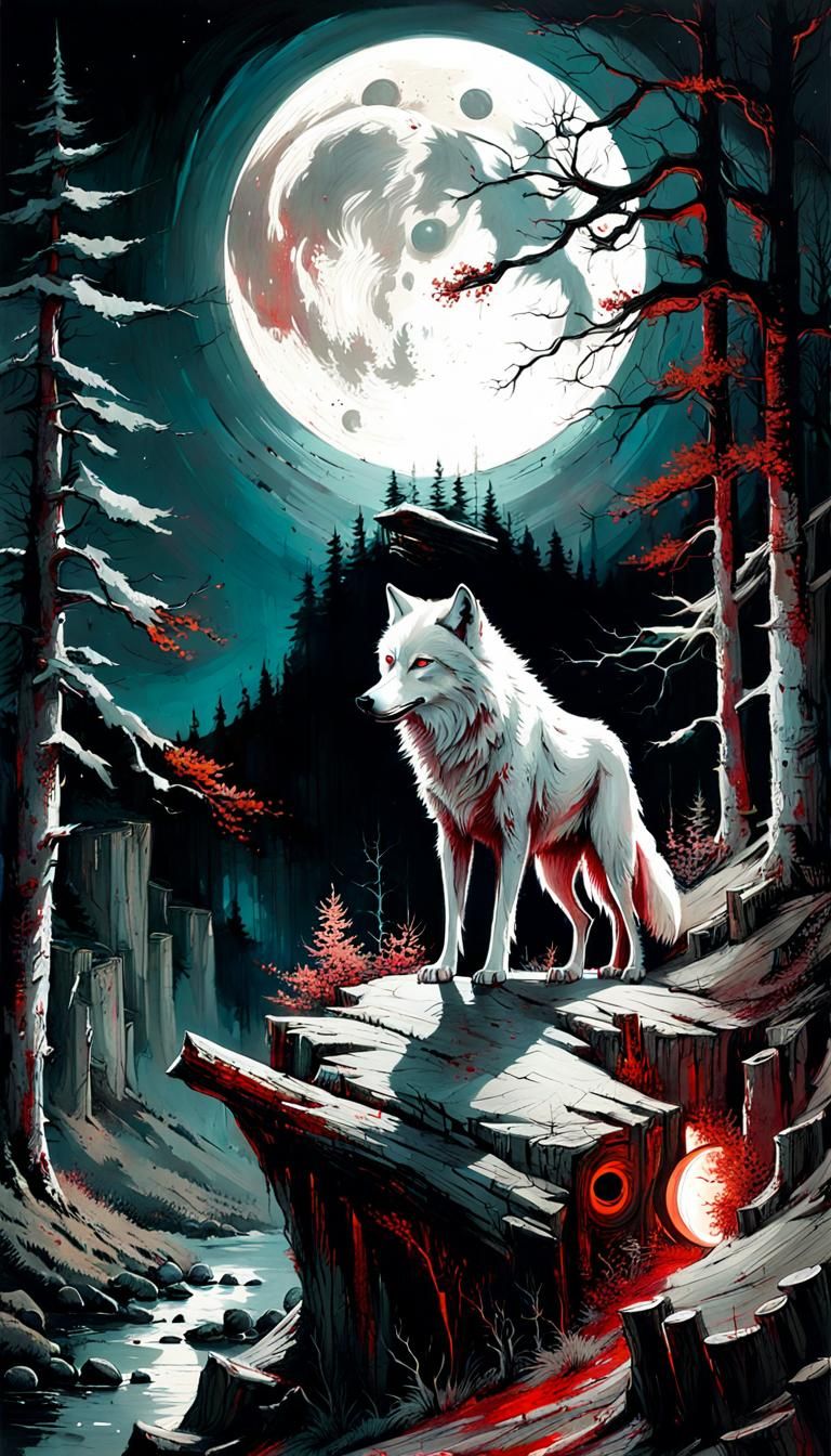 Painting of a white wolf on a cliff, glowing eyes, nightly s...