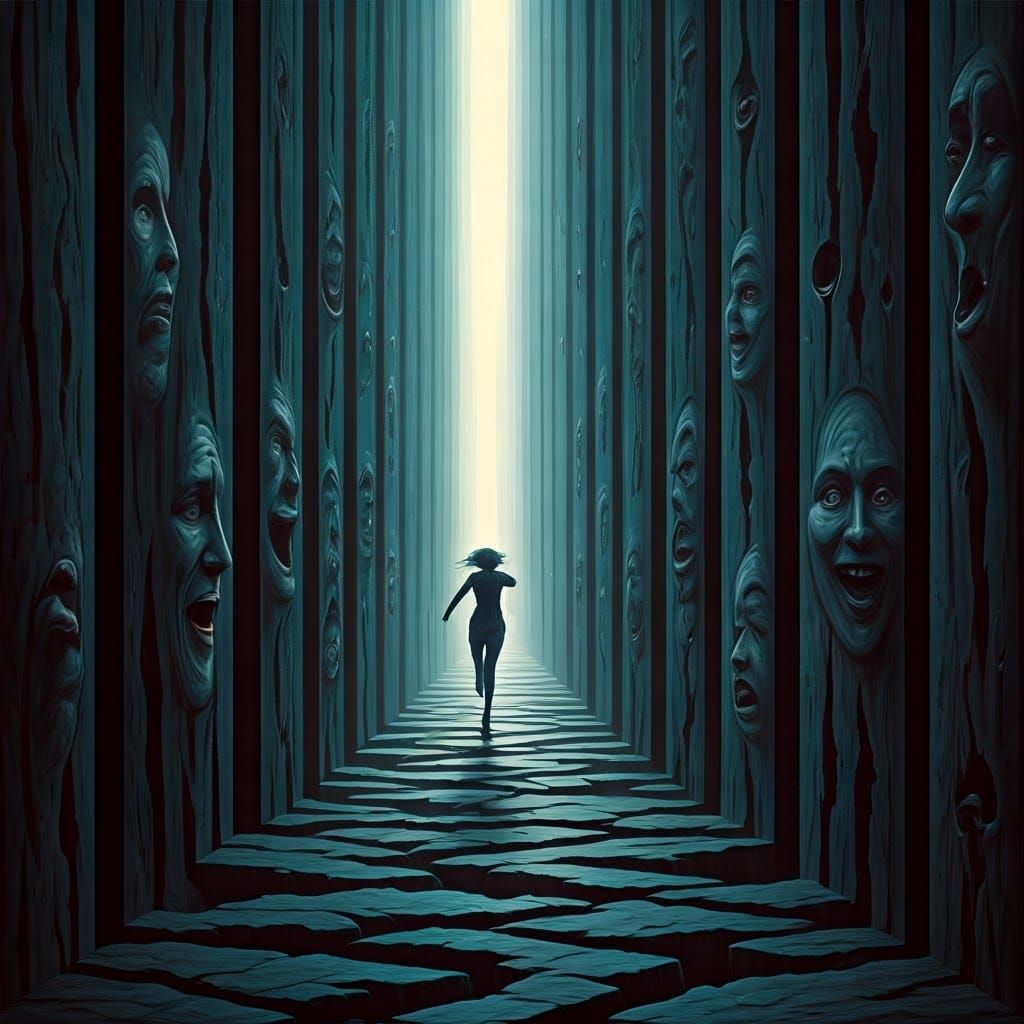 Surreal Woman's Flight Through Emotional Corridor