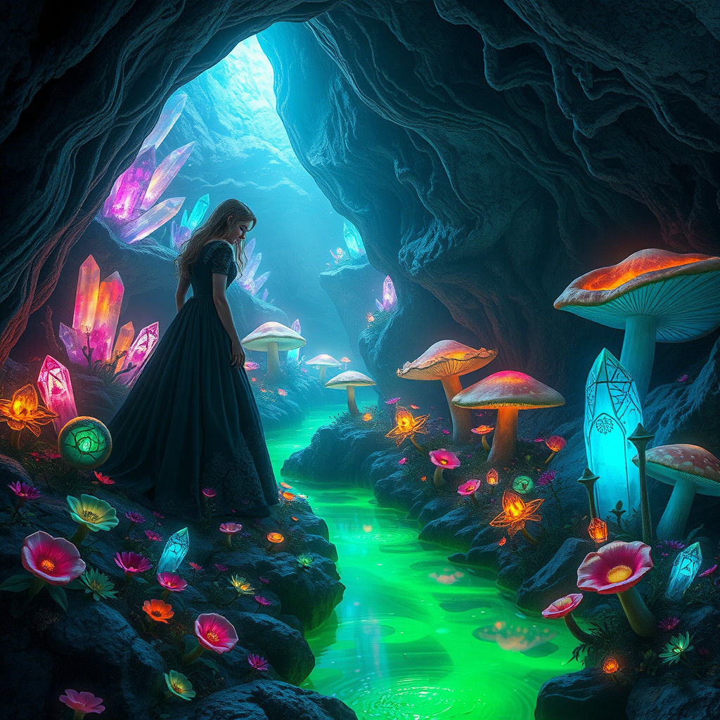 Gothic Alice in Crystal Cave with Bioluminescent Flora