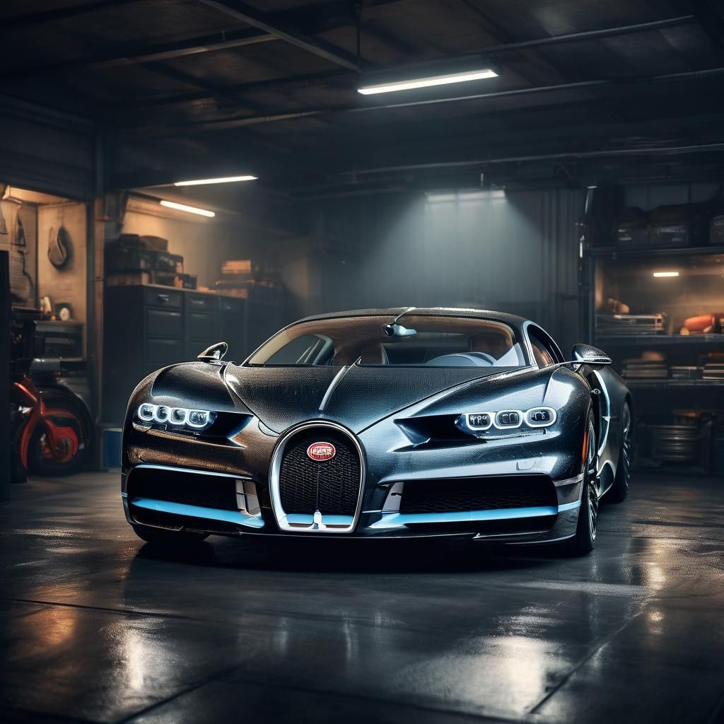 Bugatti Chiron in Dimly Lit Garage: Hyper-Realistic HDR