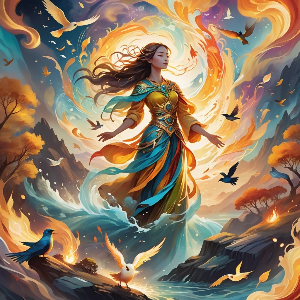 Ethereal Being Surrounded by Elements in Fantasy Landscape