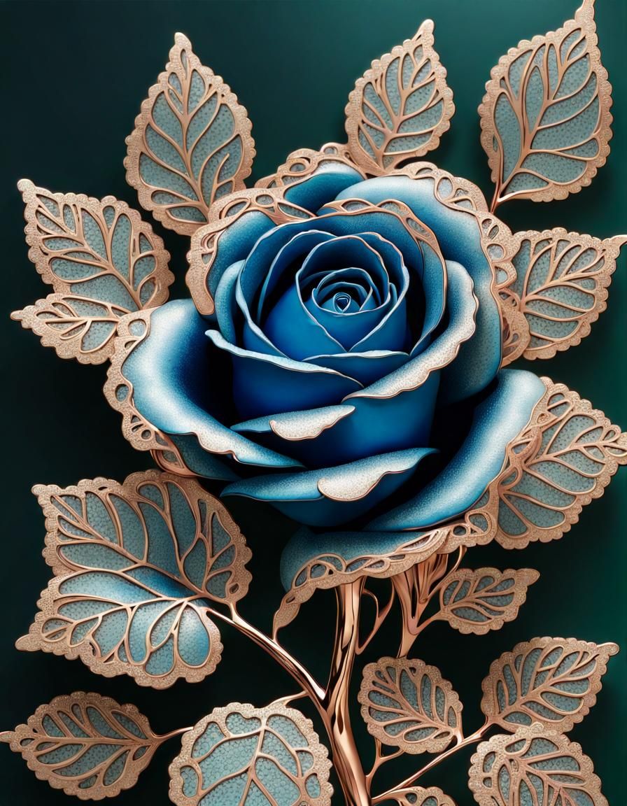 Metallic Blue Rose with Gold Filigree