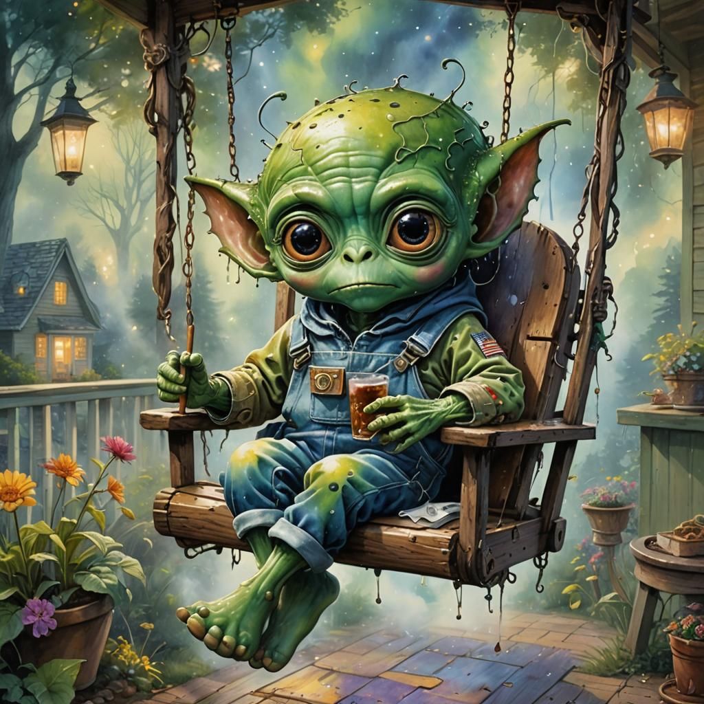 Alien Smoking Cigar on Porch in 3D Watercolor