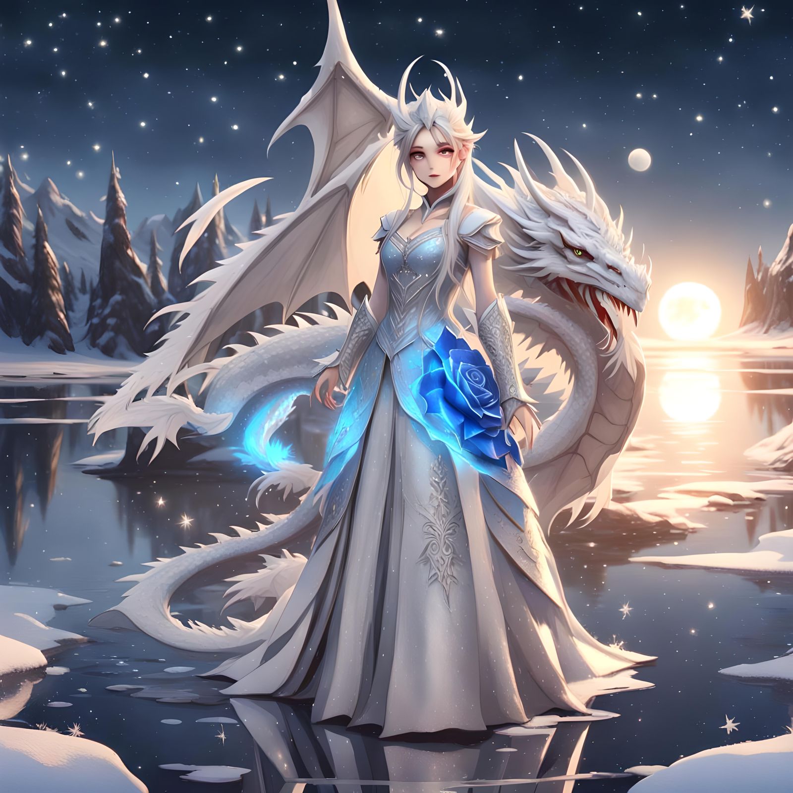 Cute Ice Dragon Girl on Frozen Lake in 3D Anime Art