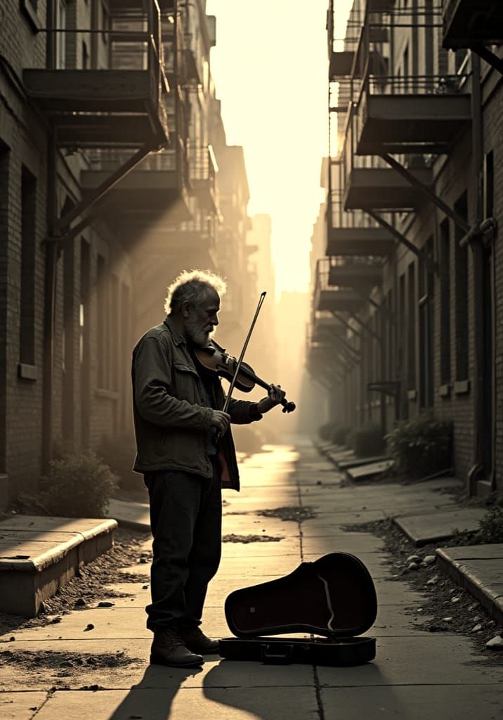 Homeless Violinist in Decaying Street: Cinematic Film Still