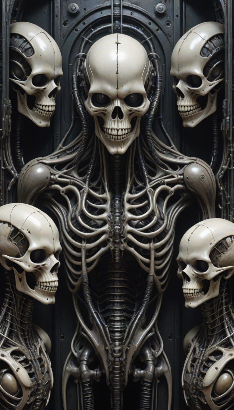 Biomechanical Horror: Faceless Figures in Giger Style