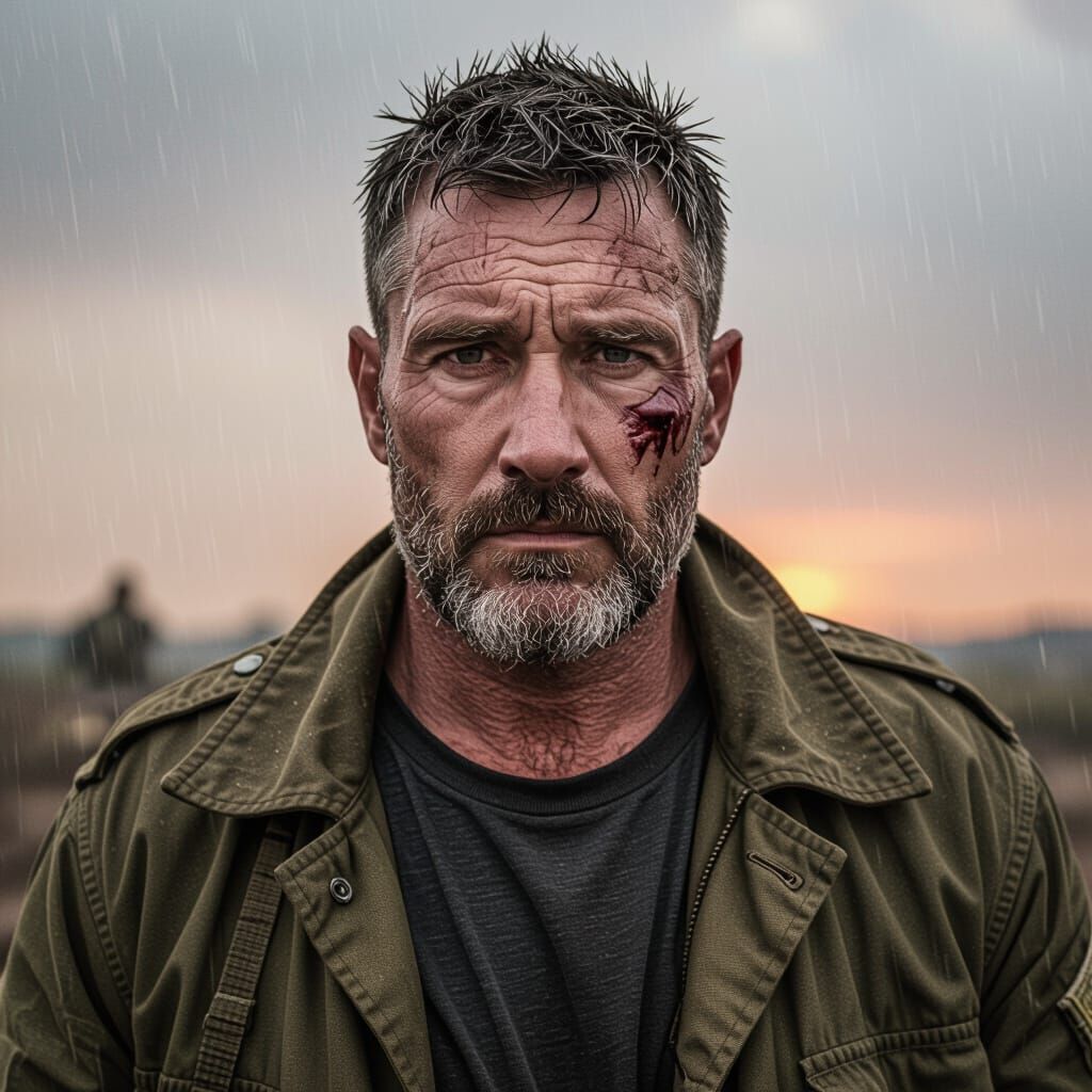 Rugged Soldier in Crimson Rain Battlefield