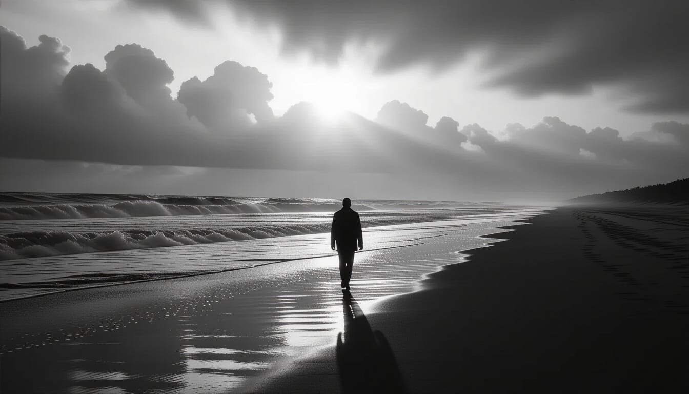 Lone Figure on Beach at Dawn in Film Noir