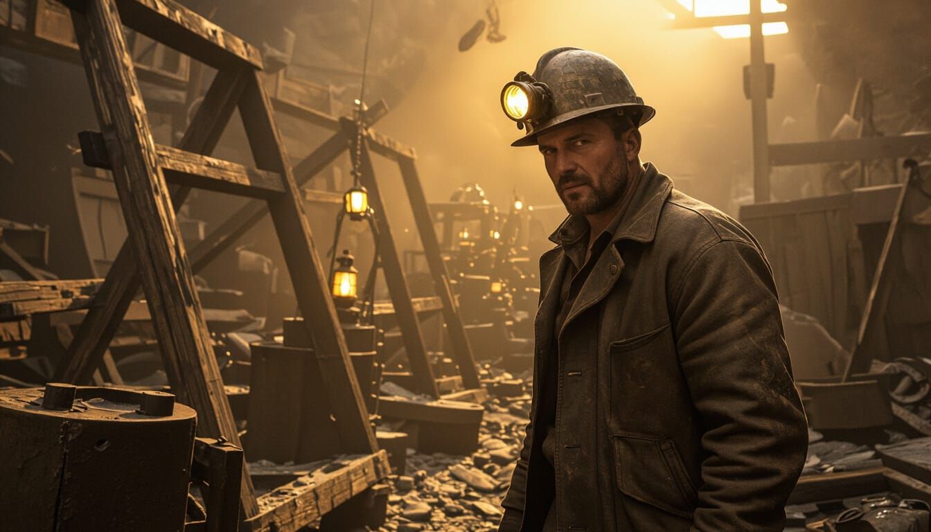 Miner in Abandoned Mine with Lamps, in Cinematic Style