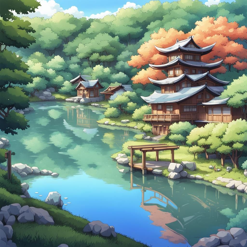 Lush Lake in Kitsune Village: Anime Style