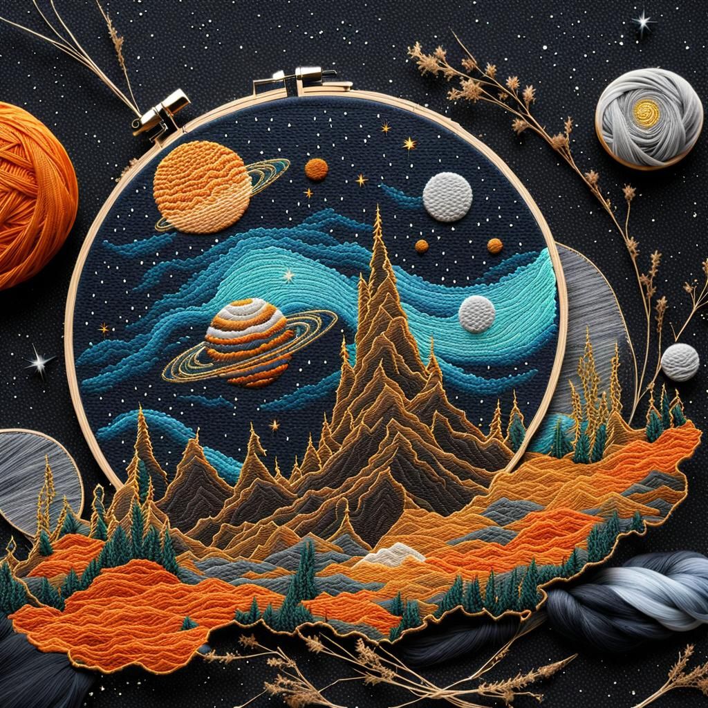 Galactic Embroidery Art on Fabric