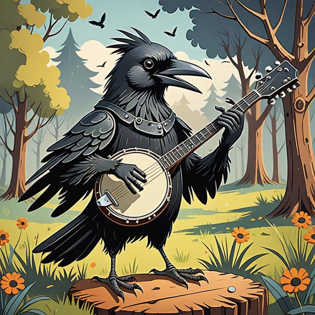 Whimsical Banjo Crow in Soft Grunge Brushwork