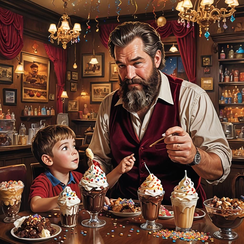 Father and Son Share Fantasy Sundae, Dreamlike Illustration