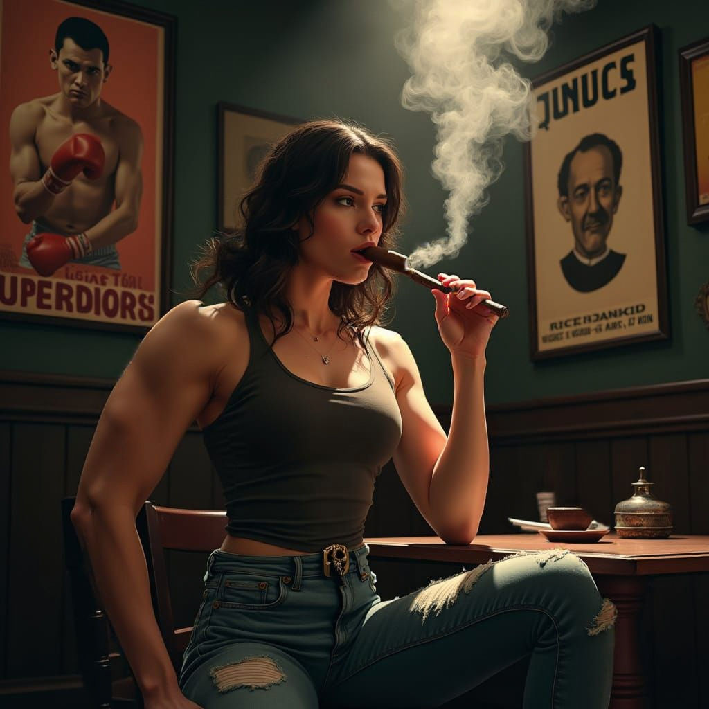 Strong Woman Smokes Cigar in Moody Atmosphere