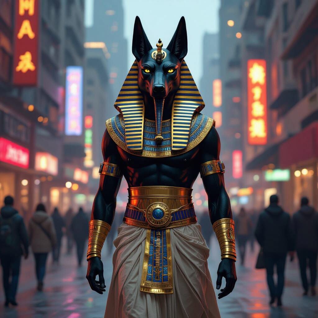 Anubis in Modern City, Hyperrealistic Style