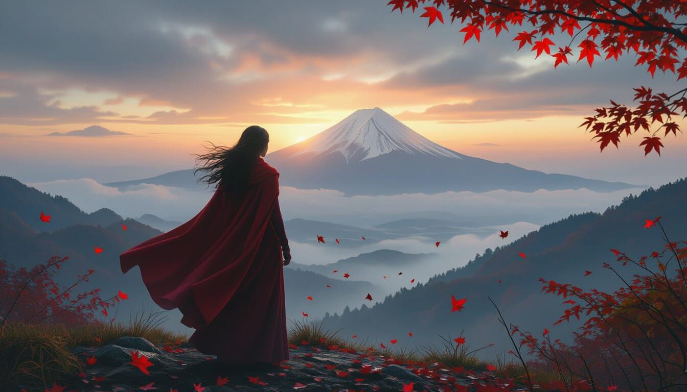 Woman Overlooking Autumn Forest with Mount Fuji