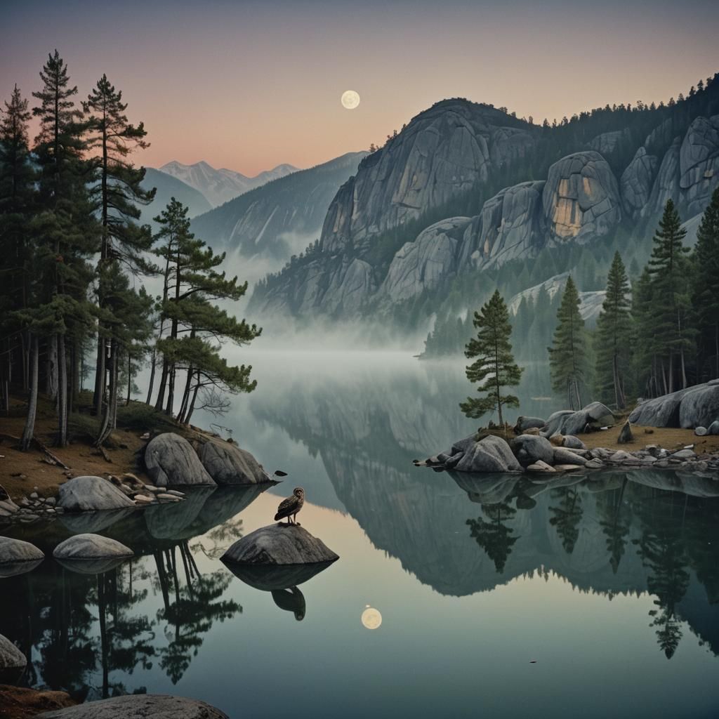 Majestic Owl and Mirrored Moonlit Lake Reflection