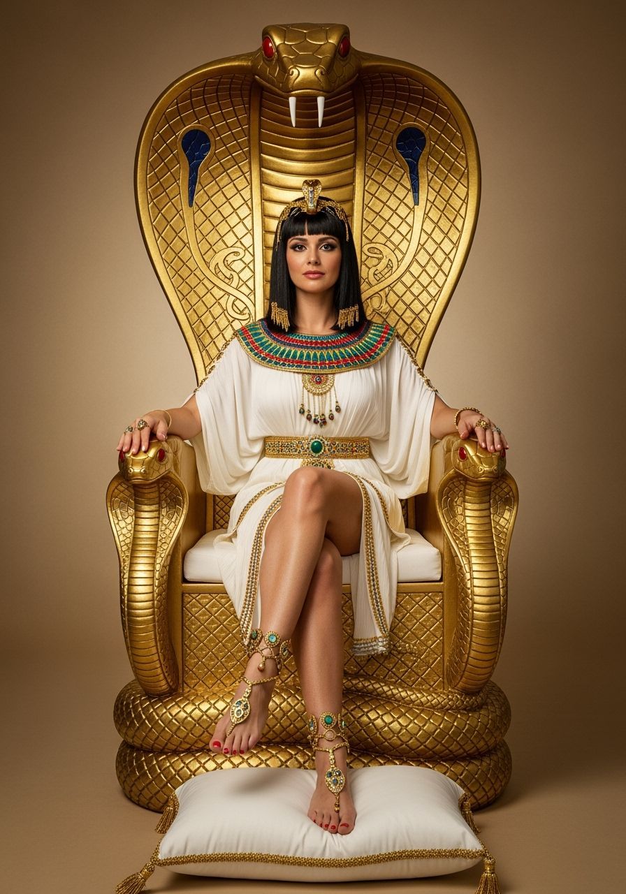 Regal Egyptian Queen on Golden Cobra Throne