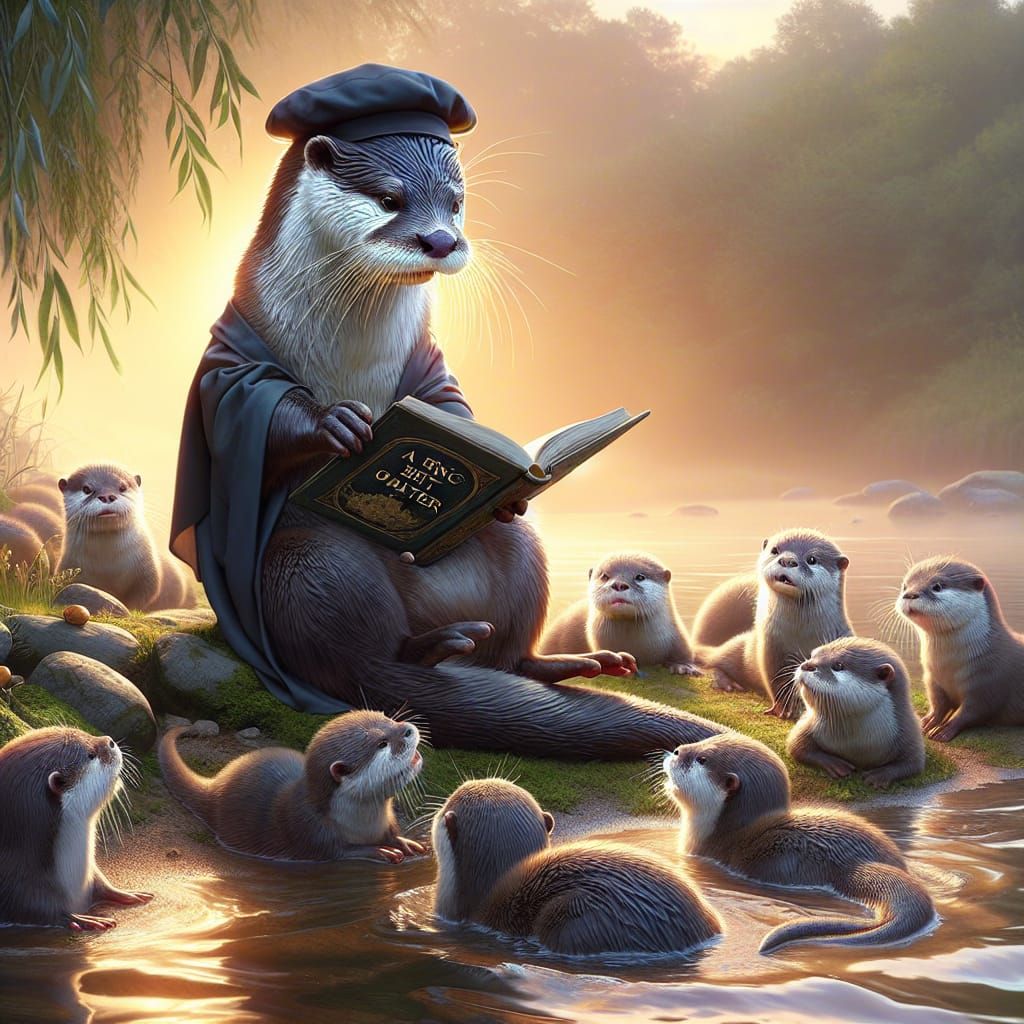 Scholarly Otter Reading to Youngsters by Riverbank