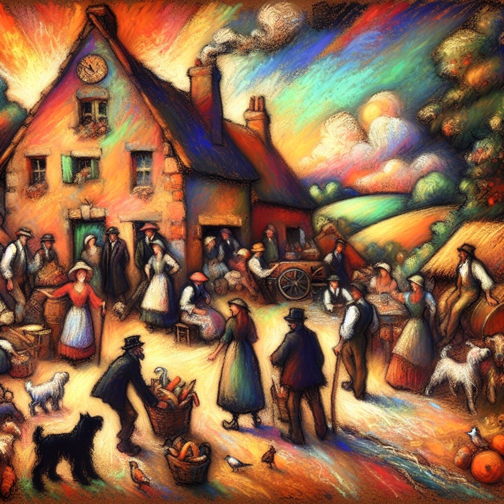 Whimsical Scene with Lively Characters in Folk Art Style