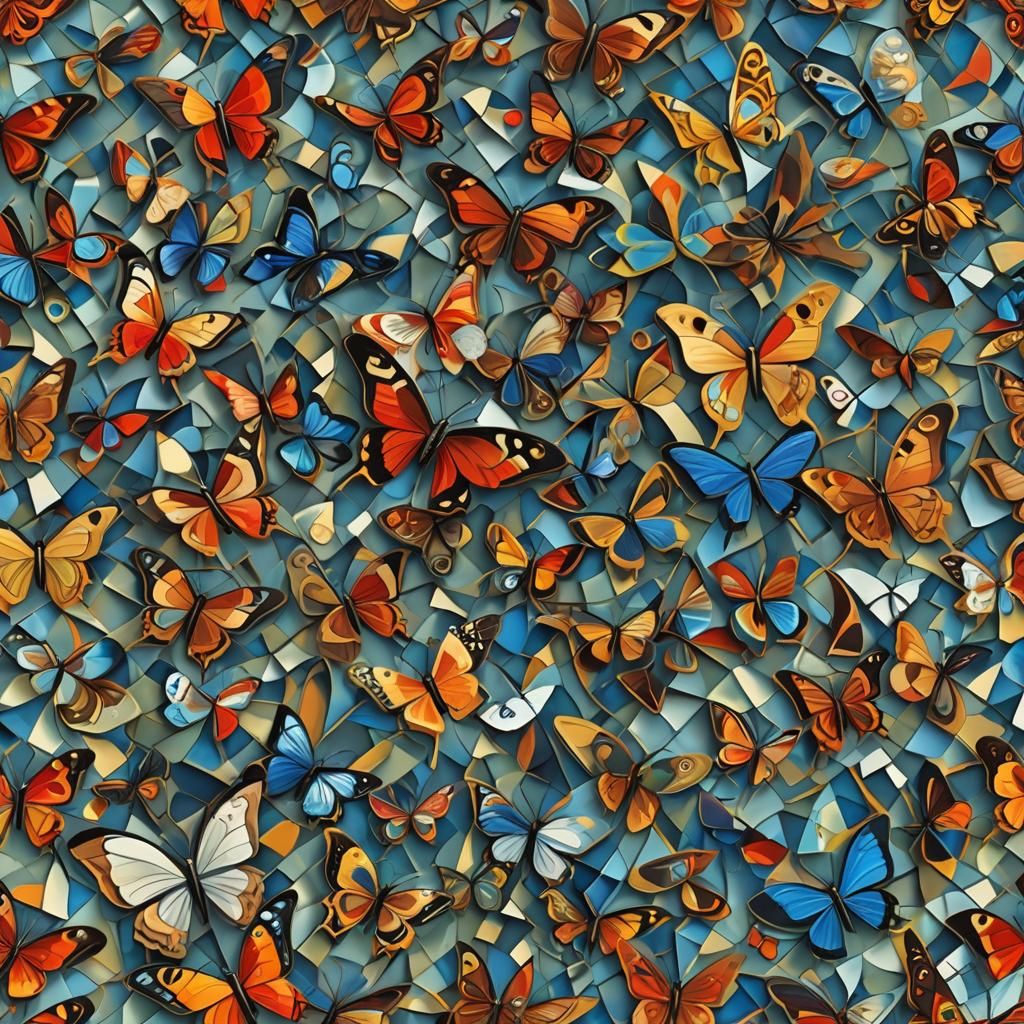 Abstract Cubism Butterflies with Steampunk Engine