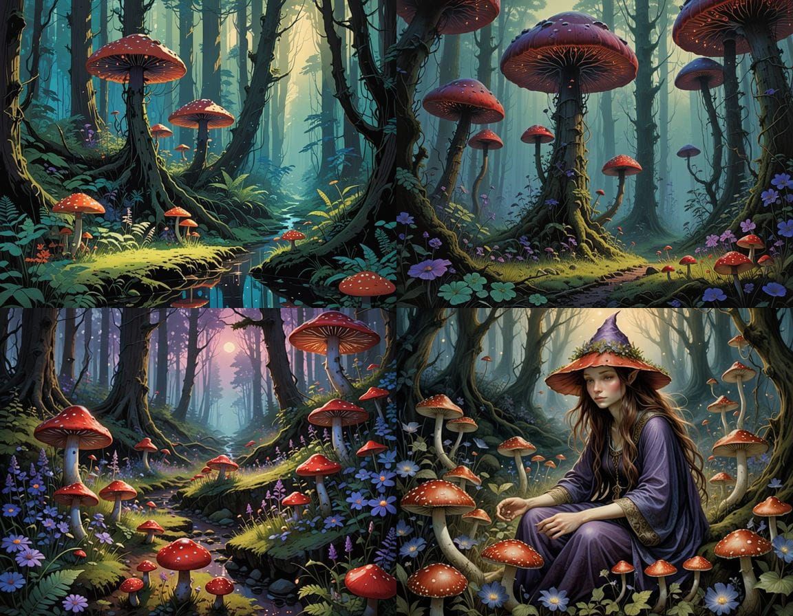 Surreal Landscape of Red Mushrooms and Blue Fireflies in a D...