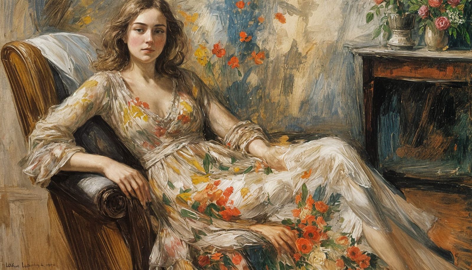 Elly in Floral Dress: Expressionist Oil Painting